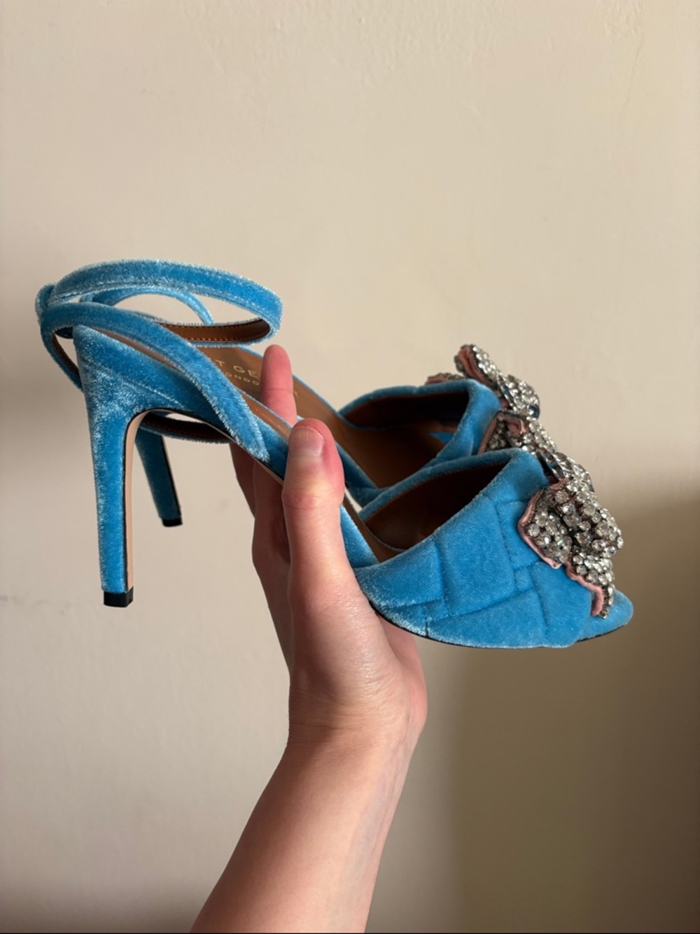 Kurt Geiger Blue Velvet High Heels with Ankle Straps & Embellished Bow and Bird - Picture 2 of 4